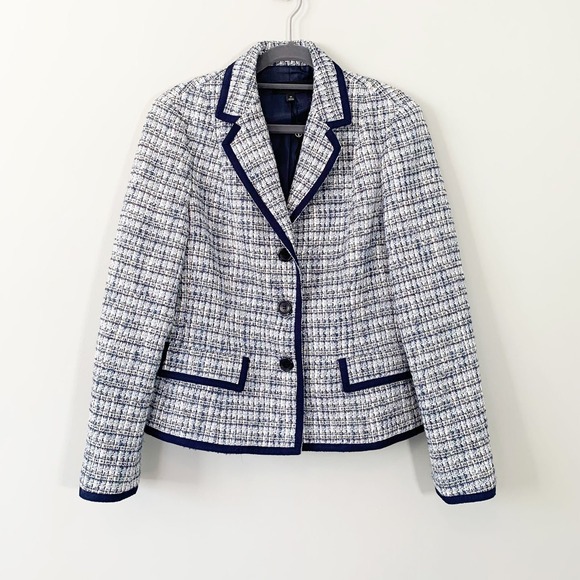 Talbots Jackets & Blazers - NWOT Talbots Tweed Blazer Women 10 Blue White Grosgrain Trim Textured Jacket